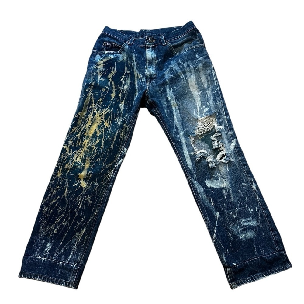Thrashed Bleach 90s Vintage Lee Jeans 27” High Waisted Bootcut Dark Wash Denim - Picture 9 of 15